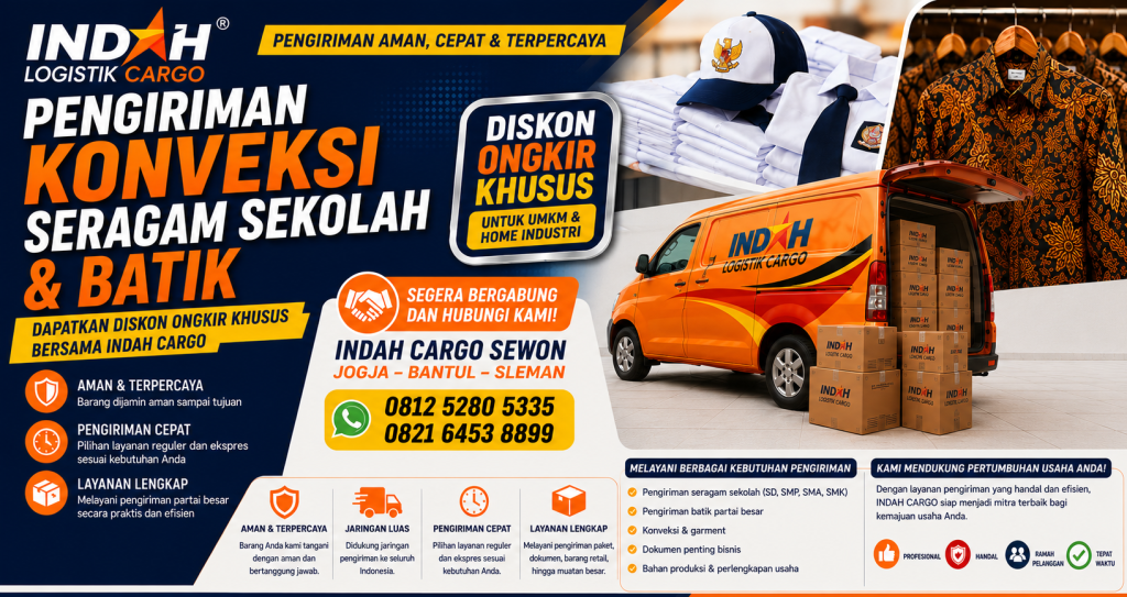 Pengiriman konveksi seragam sekolah dan batik menggunakan layanan Indah Cargo Sewon Yogyakarta untuk Bantul, Sleman, dan seluruh Indonesia.